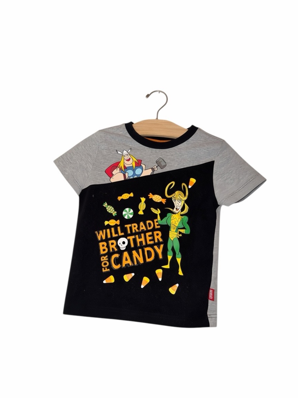 Marvel Disney Kids' 'Will Trade Brother for Candy' Tee Halloween Sz SM Loki Thor